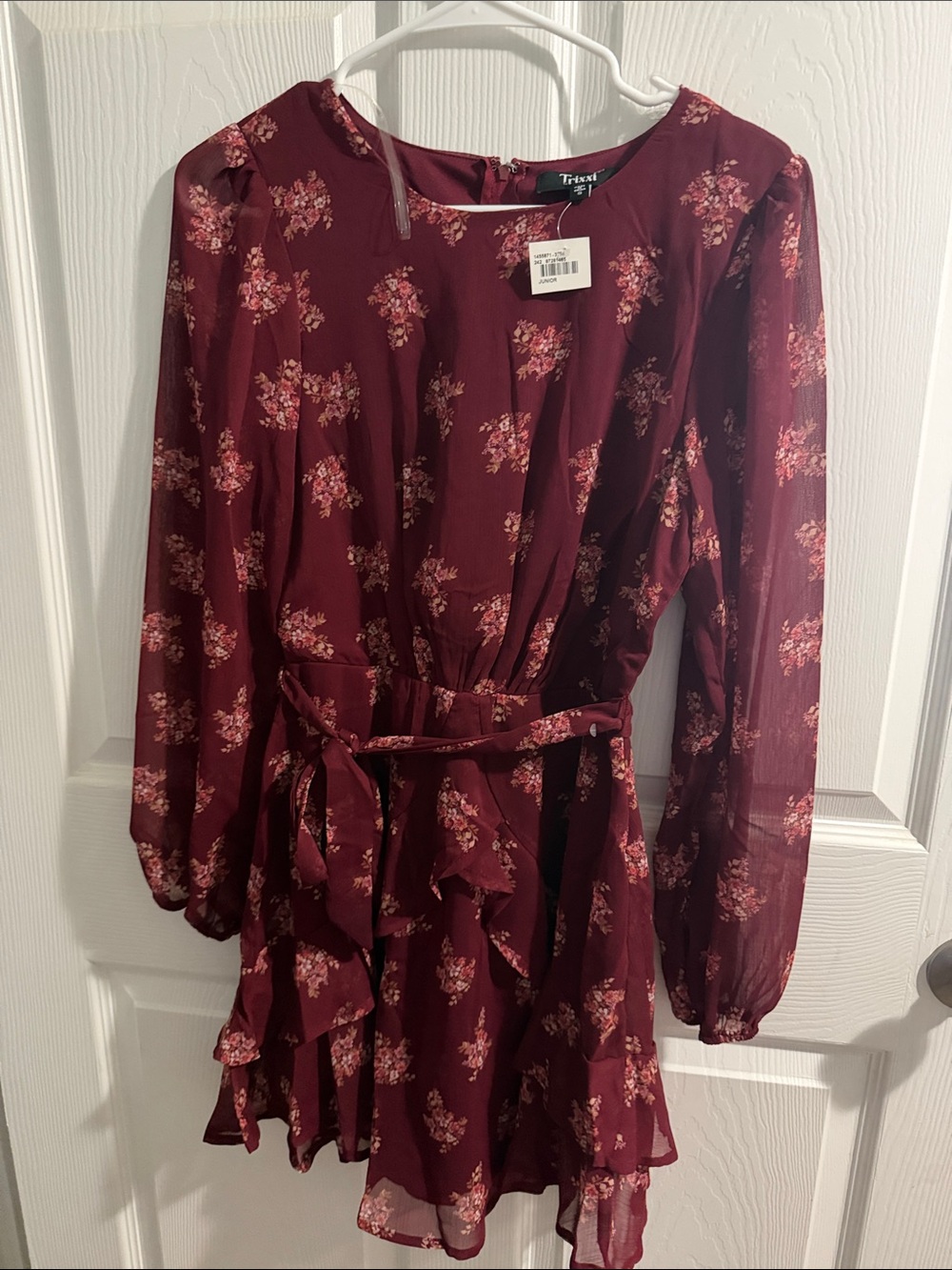 Trixxi Burgundy Floral Long-Sleeve Tie-Waist Dress